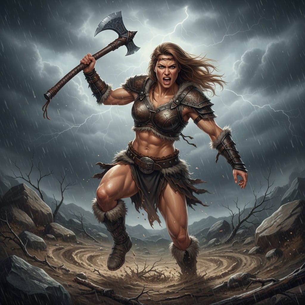 athletic white woman barbarian warrior action 96387339