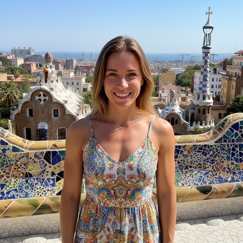 athletic white woman barcelona gaudi architecture 61982536