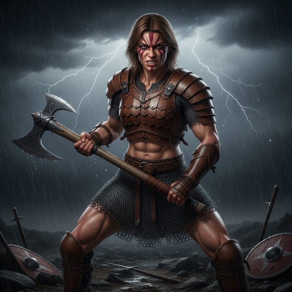 athletic white woman battle ready action 11469182