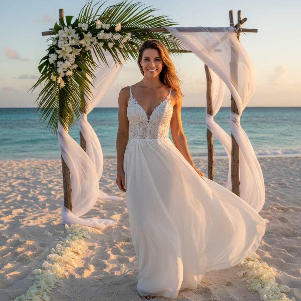athletic white woman beach ceremony altar shot 45195787