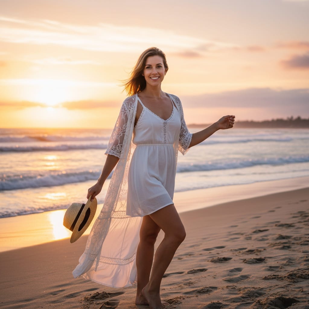 athletic white woman beach sunset golden hour 47266313