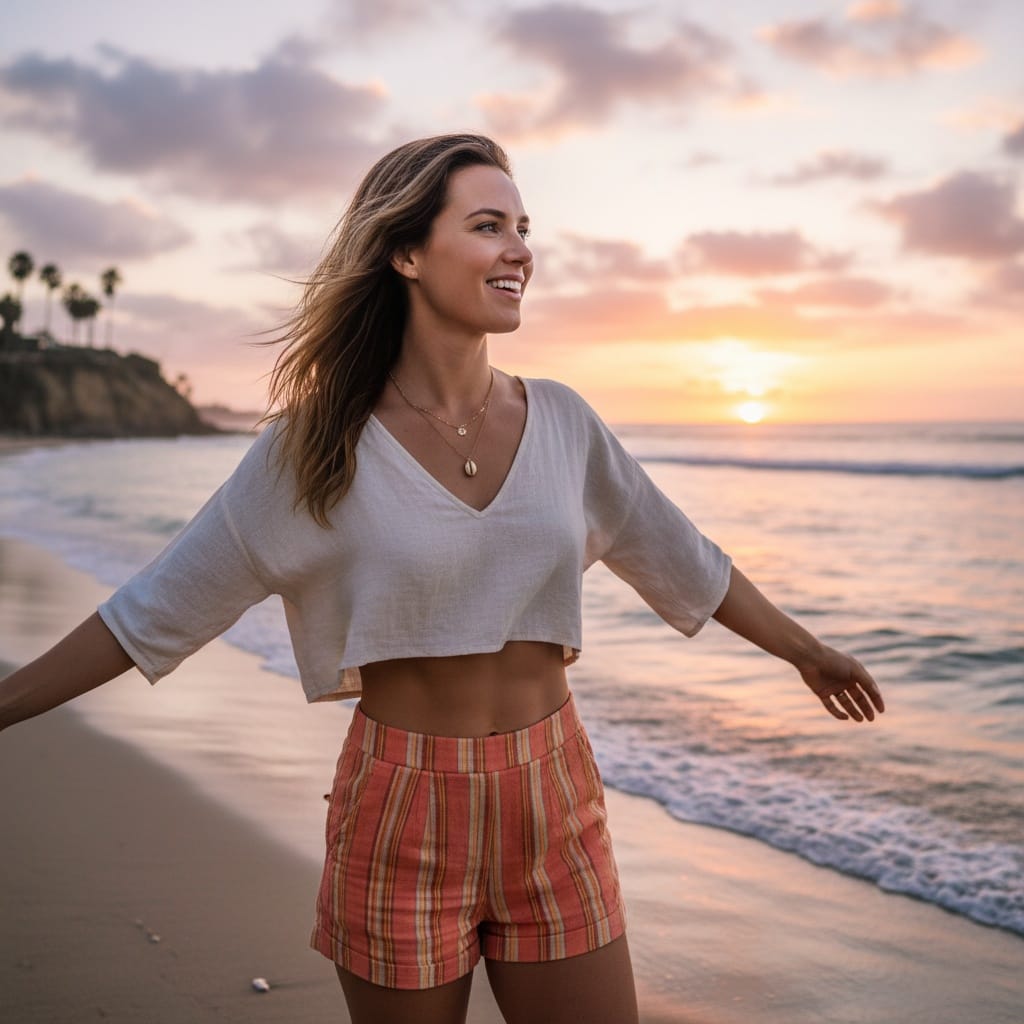 athletic white woman beach sunset vacation vibes 25238686