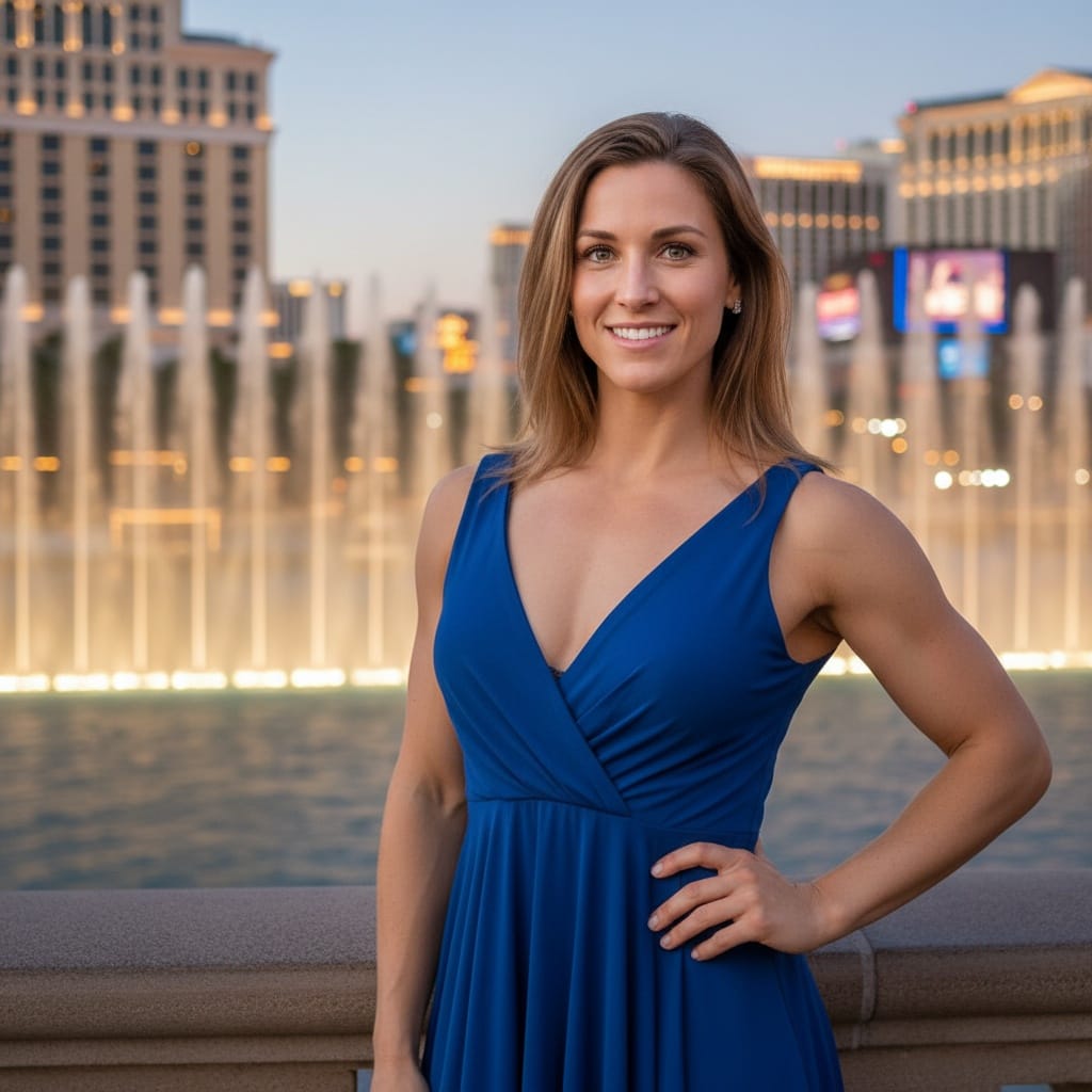 athletic white woman bellagio fountains evening 75160977