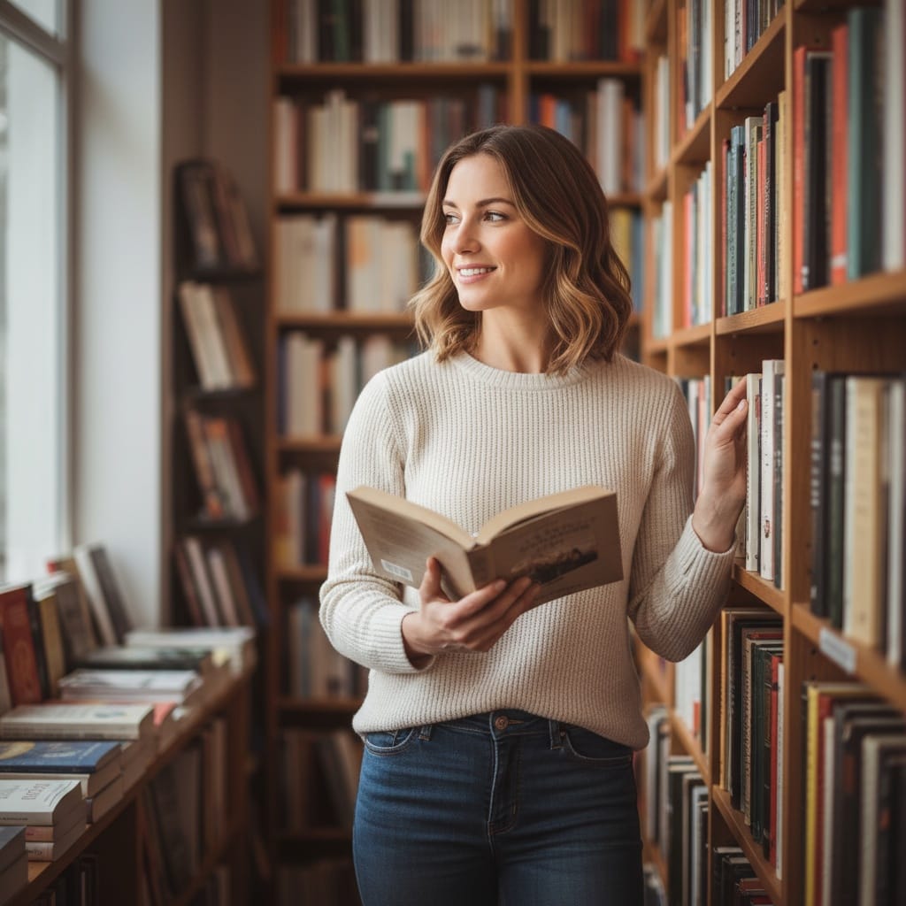 athletic white woman bookstore library intellectual 64123213