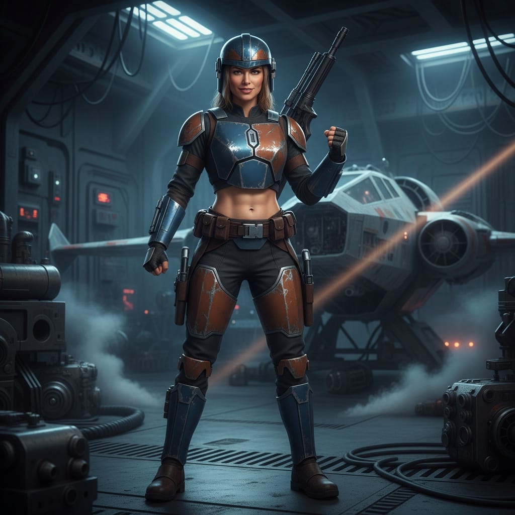 athletic white woman bounty hunter armor 12294389