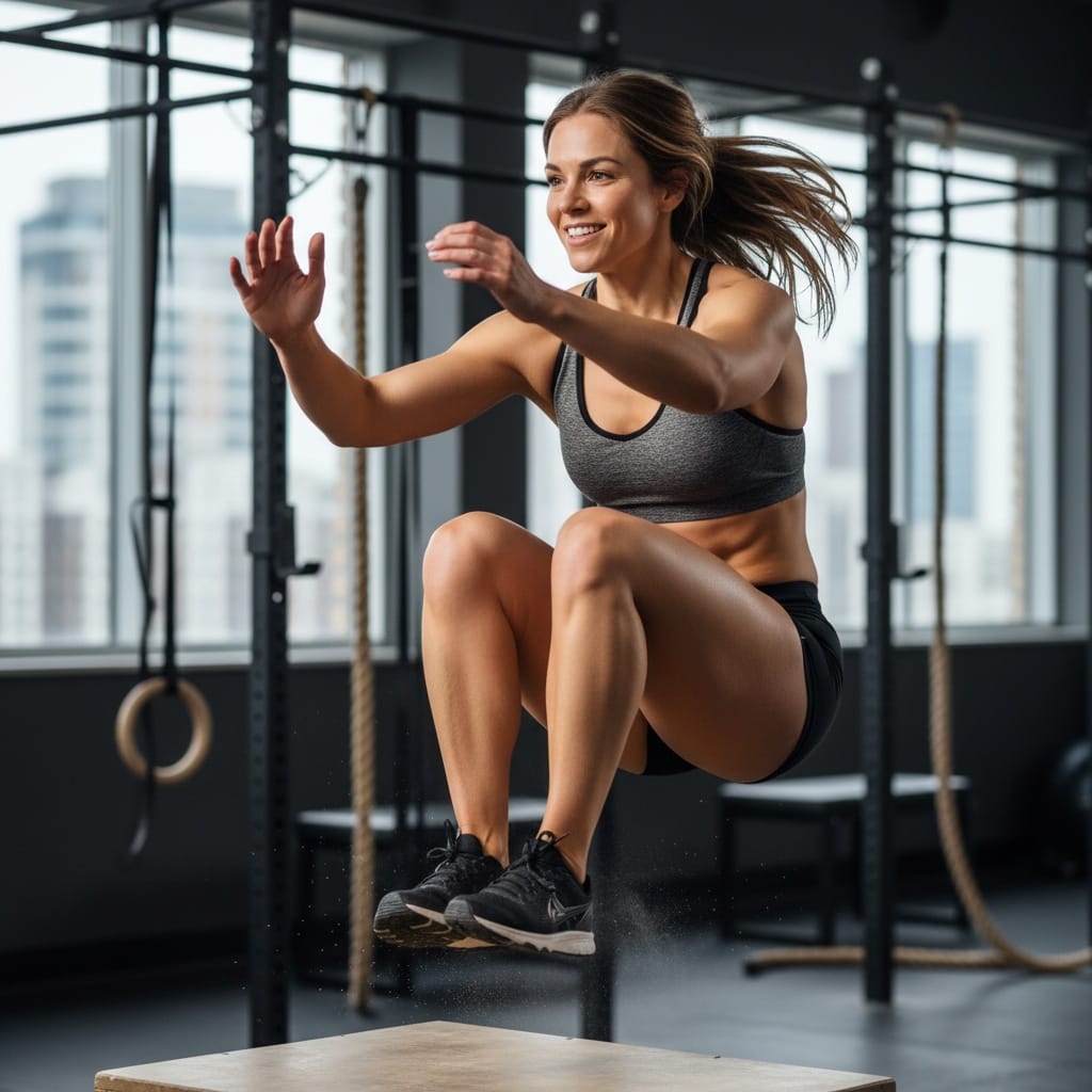 athletic white woman box jump mid air 56033287