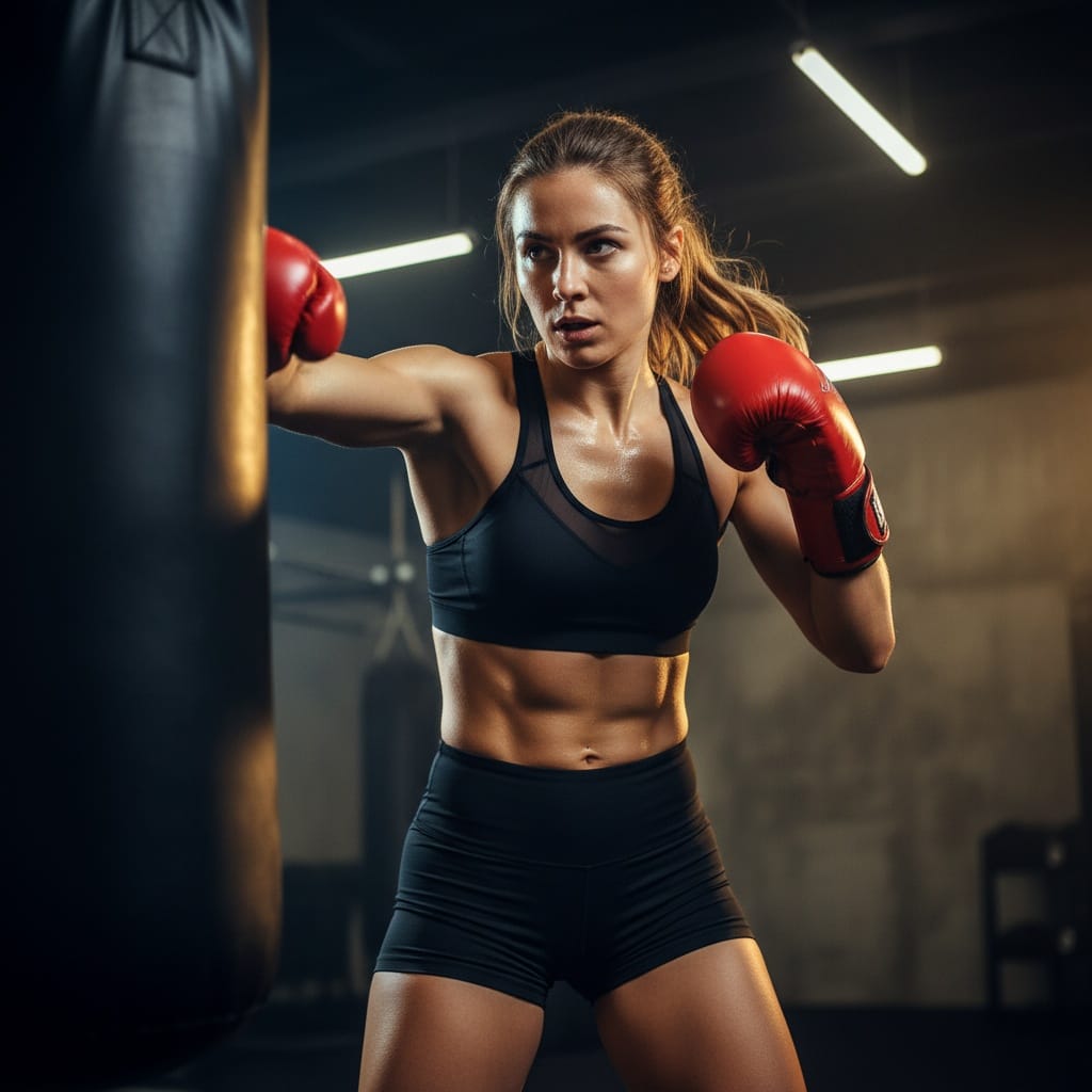 athletic white woman boxing workout intensity 61428178