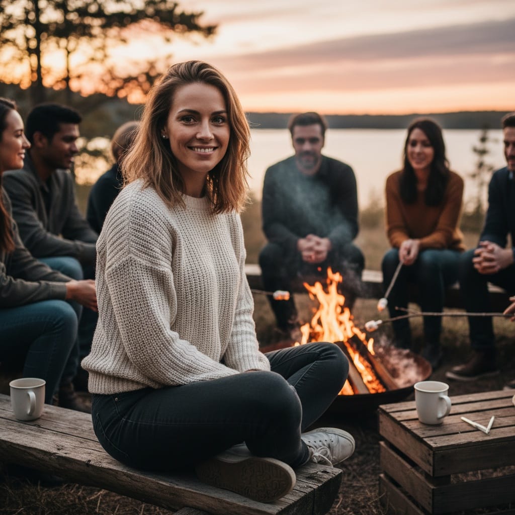 athletic white woman campfire evening gathering 56172449