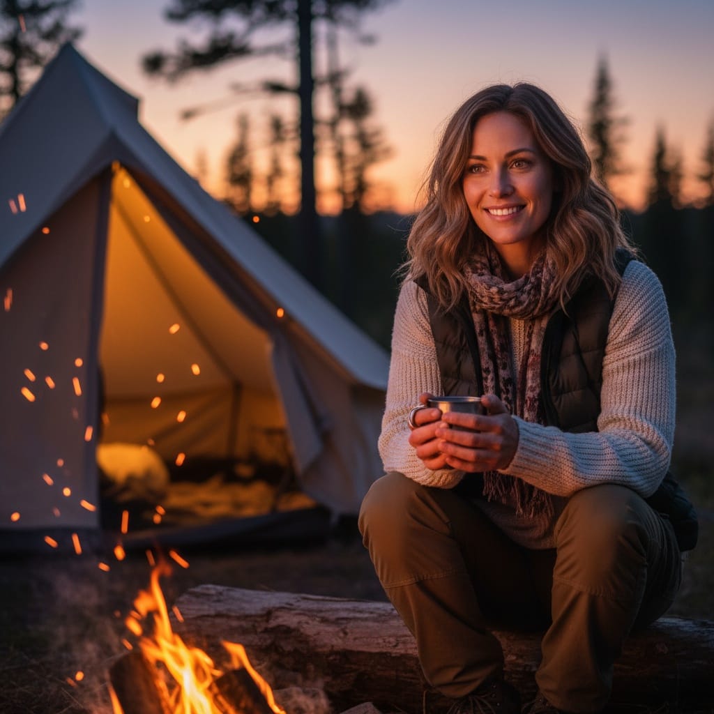 athletic white woman campfire relaxed evening 83132445
