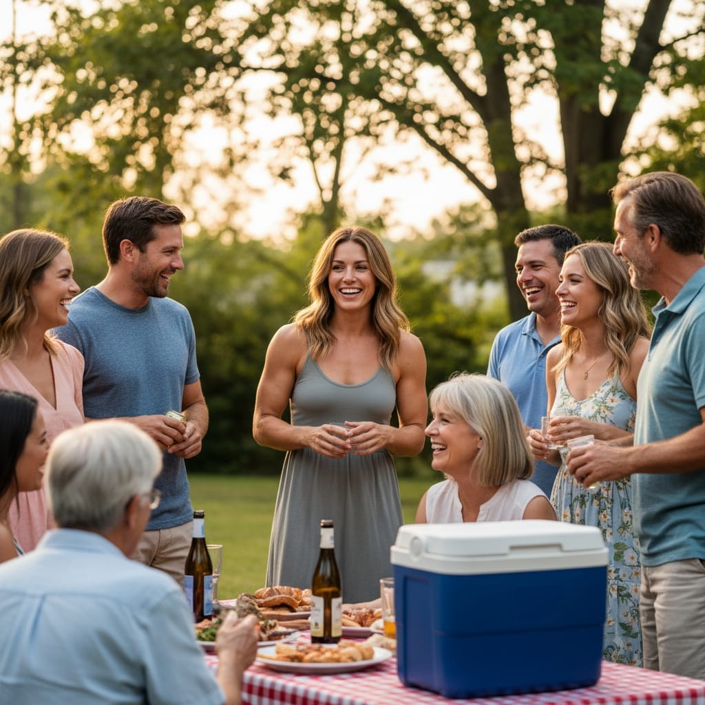 athletic white woman candid outdoor gathering 46521450