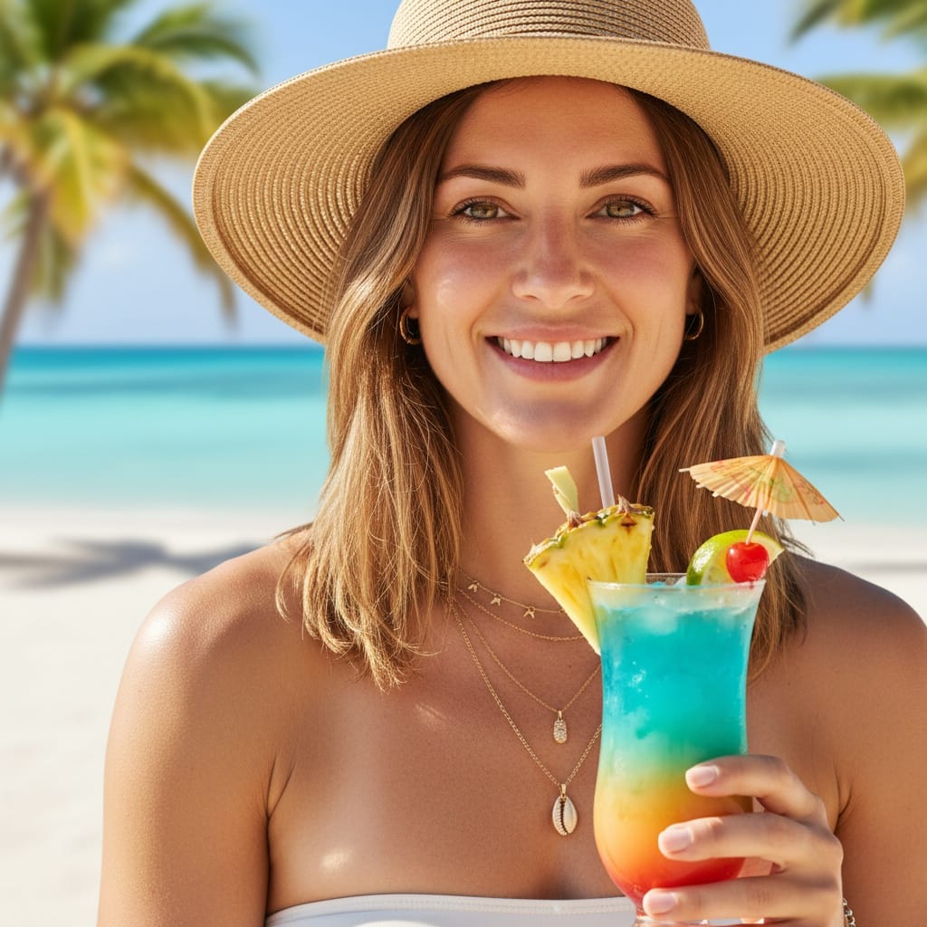 athletic white woman close up tropical drink 92216099