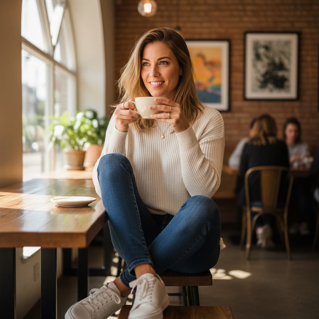 athletic white woman coffee shop casual chic 95777987
