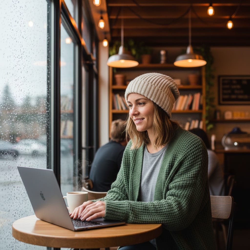 athletic white woman coffee shop window seat 98086399