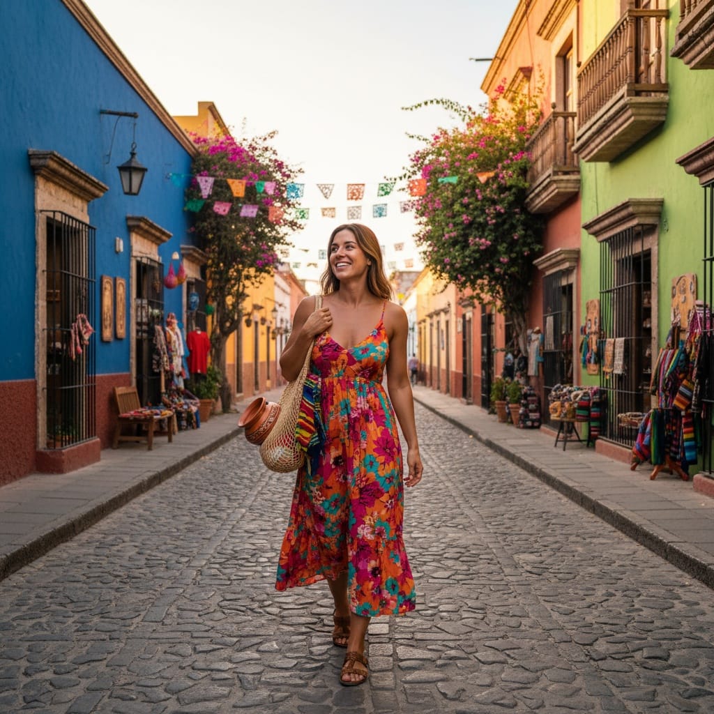 athletic white woman colorful mexican street scene 76869759
