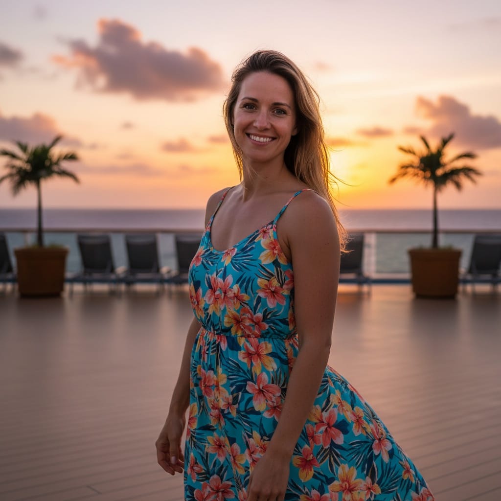 athletic white woman cruise ship deck sunset 43707665
