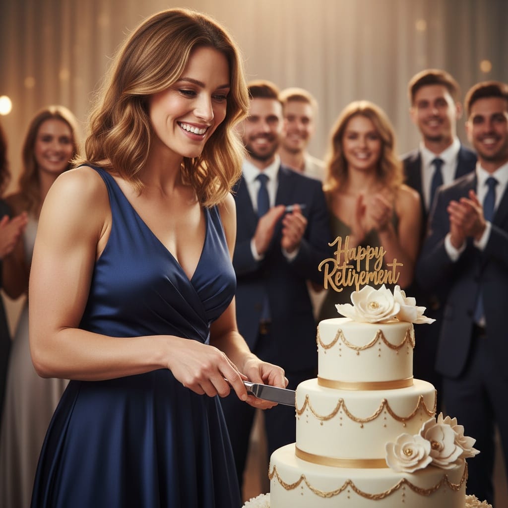athletic white woman cutting retirement cake 51880022