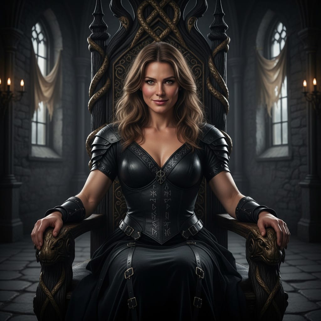 athletic white woman dark throne room ruler 23539195