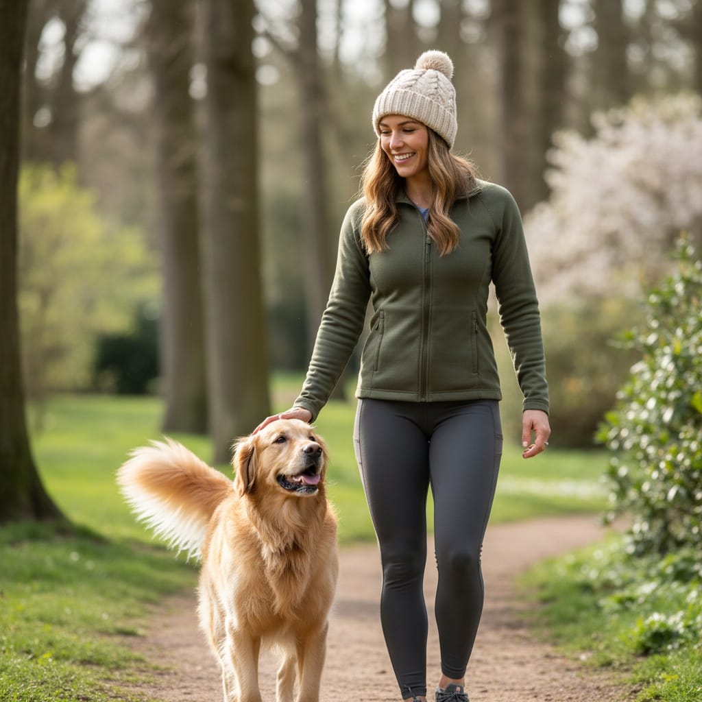 athletic white woman dog walk park 27697760