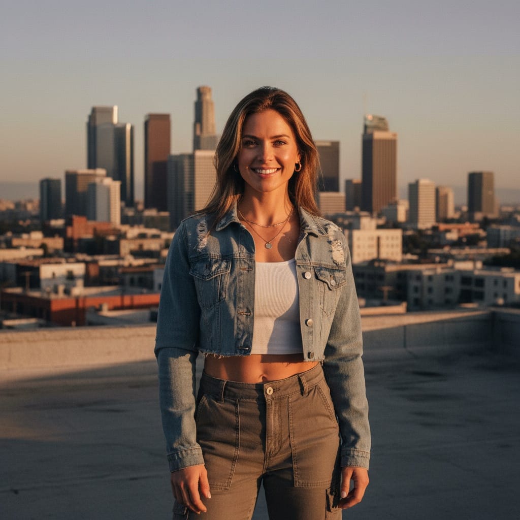 athletic white woman downtown la rooftop 81115209