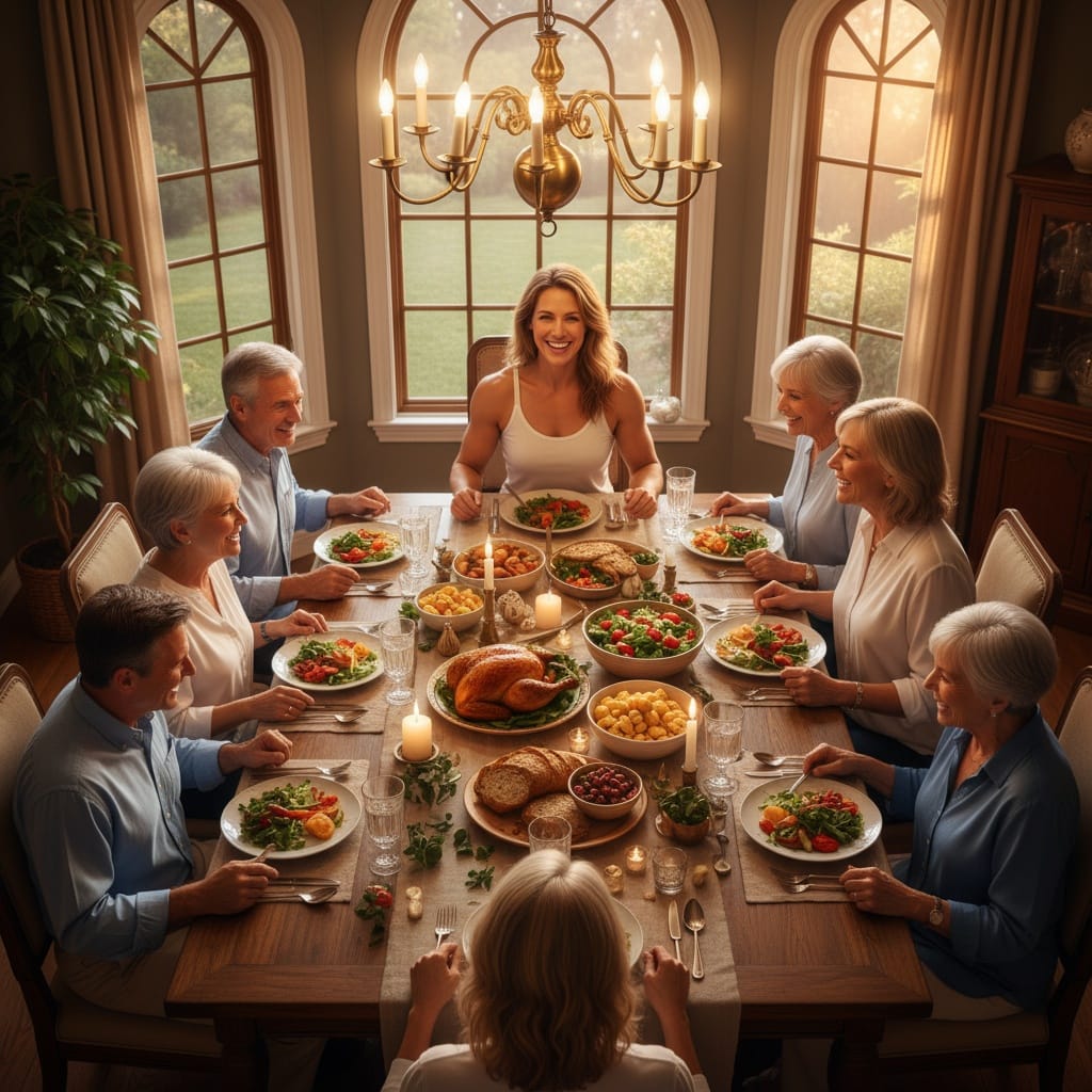 athletic white woman family dinner table 89101968