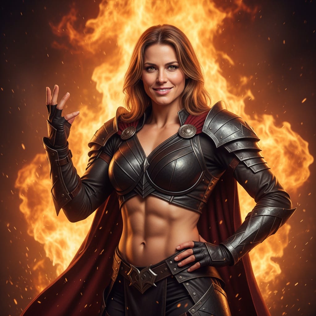 athletic white woman fire backdrop chaos 22235406