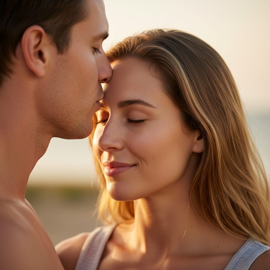 athletic white woman forehead kiss closeup 97309085