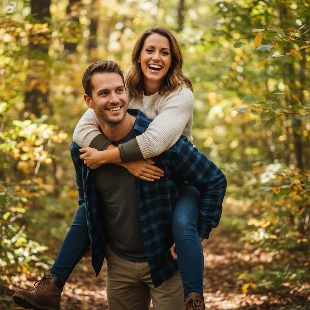athletic white woman forest piggyback playful 37719549