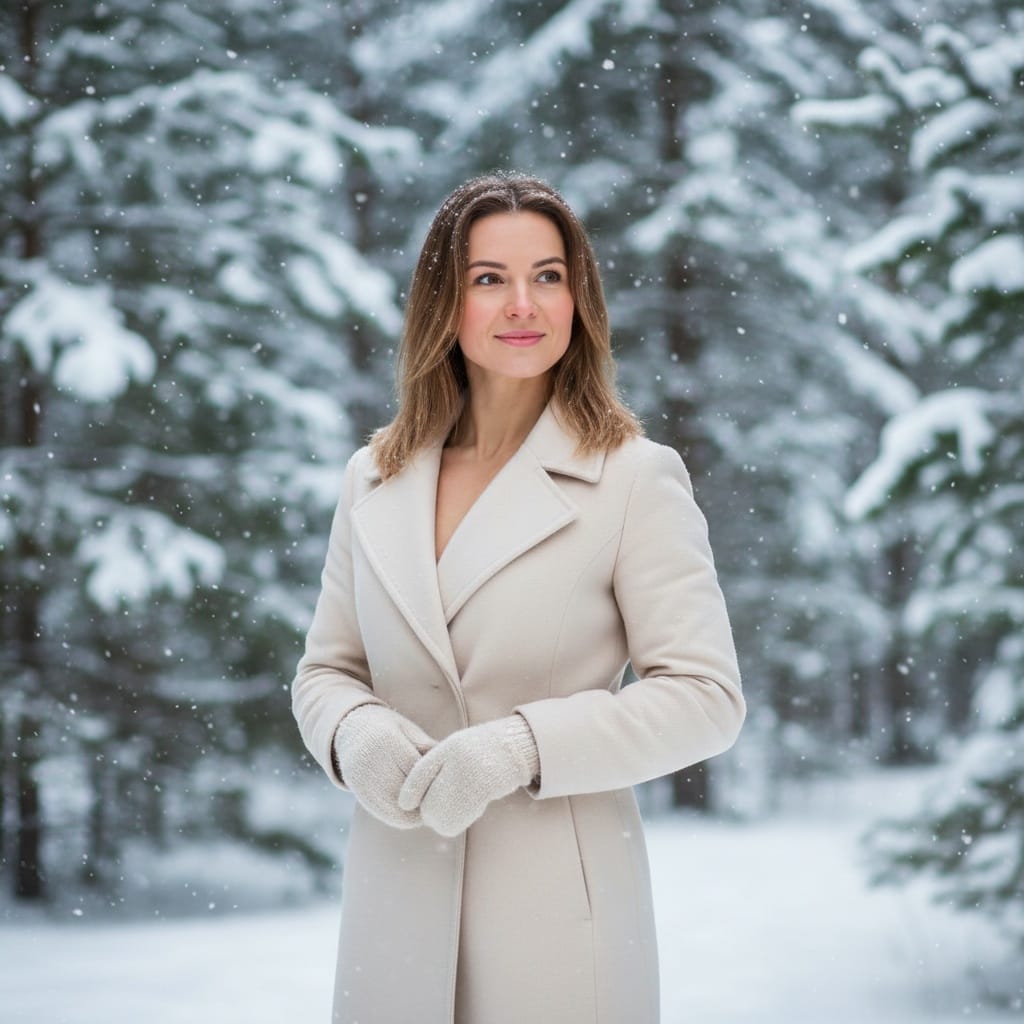 athletic white woman forest snowfall portrait 69578112