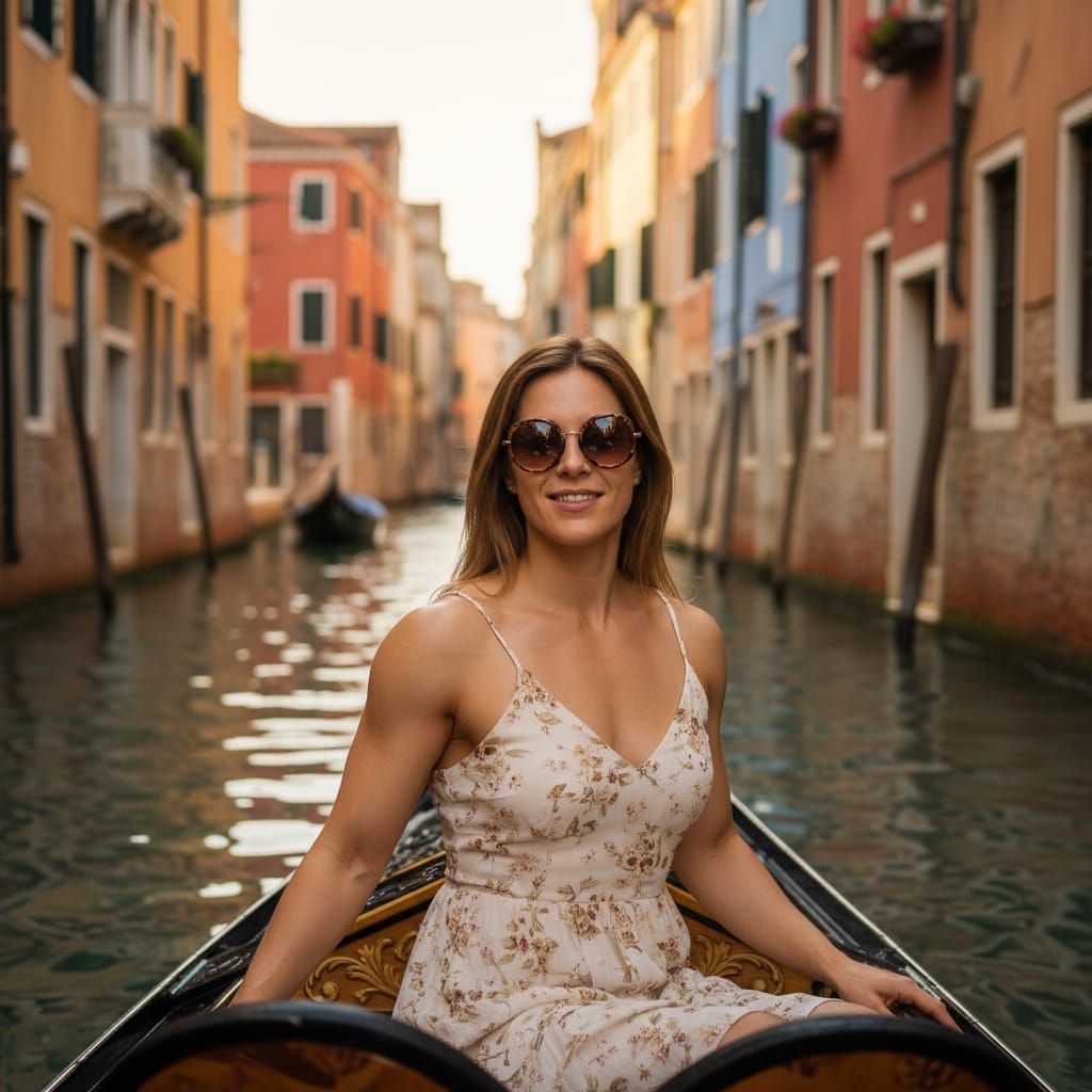 athletic white woman gondola ride canal 19154307