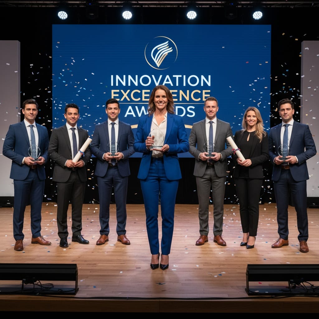 athletic white woman group winners on stage 96366095