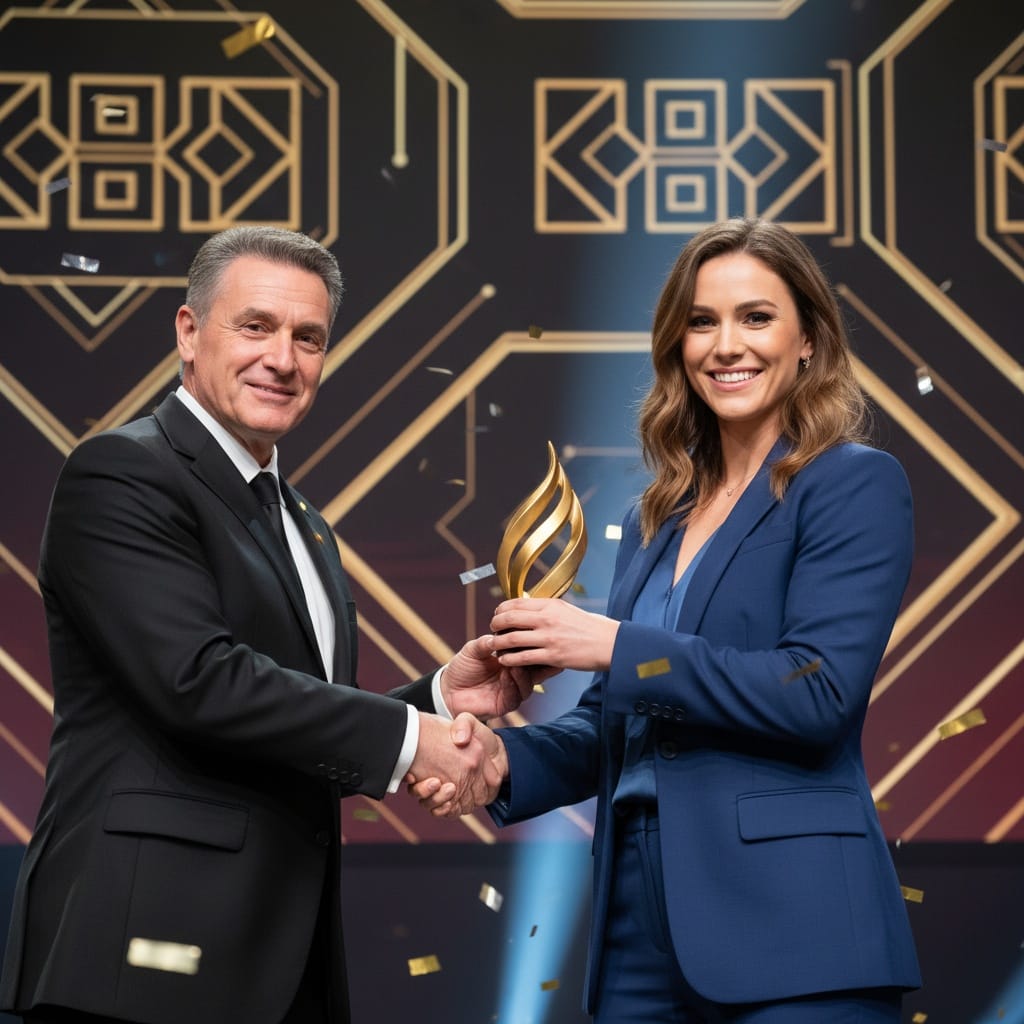 athletic white woman handshake award exchange 25229130