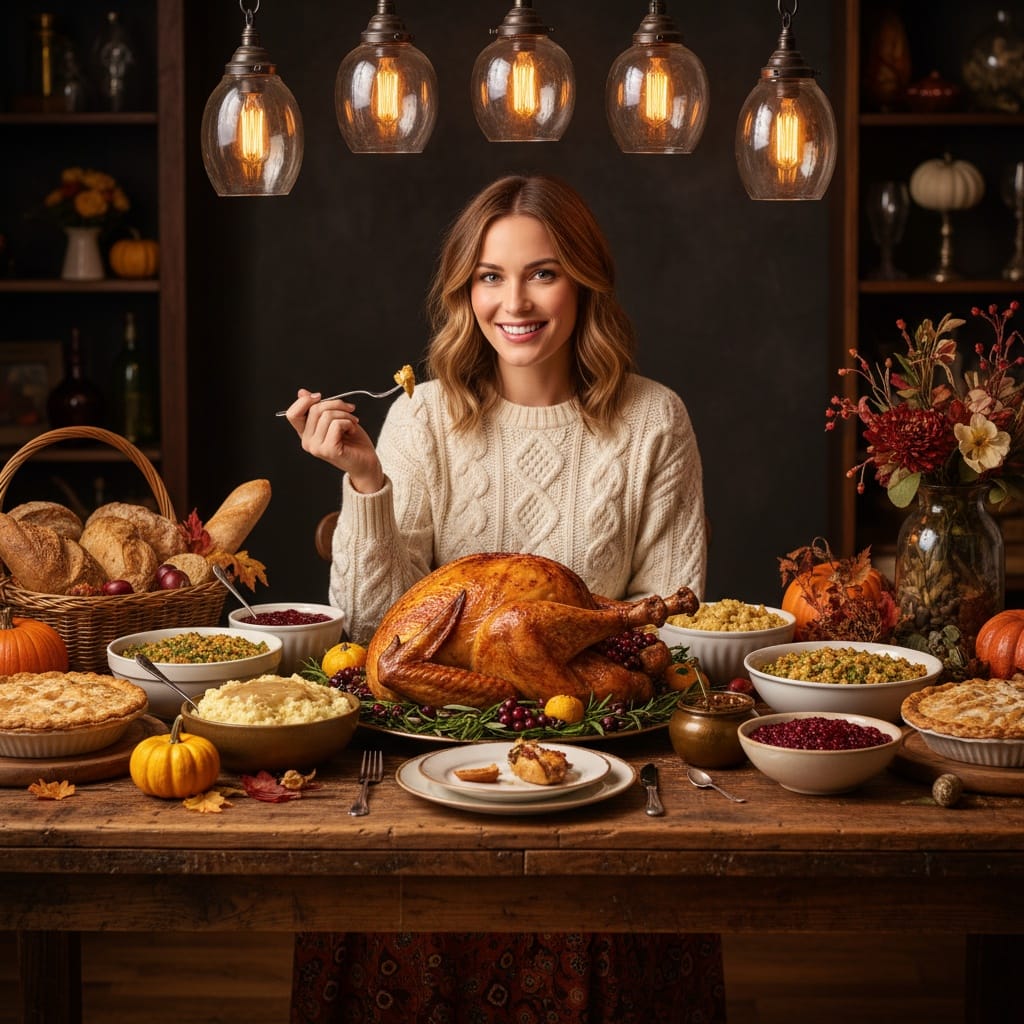 athletic white woman harvest table food portrait 72723005
