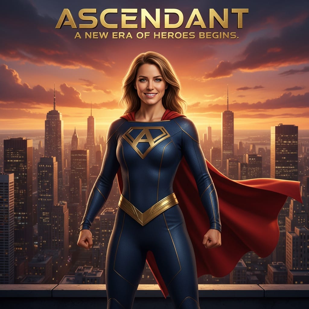 athletic white woman heroic city rooftop pose 45928606