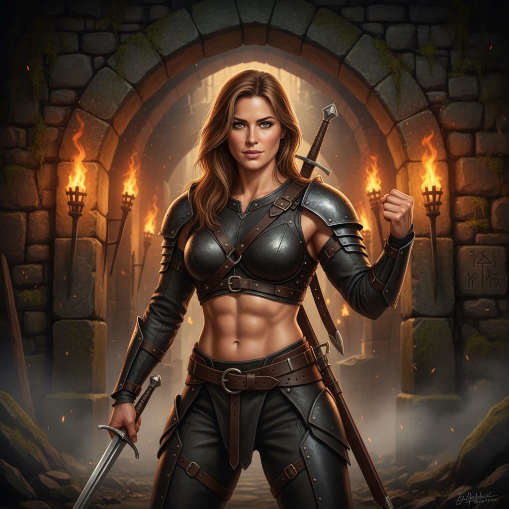 athletic white woman heroic dungeon entrance 10728743