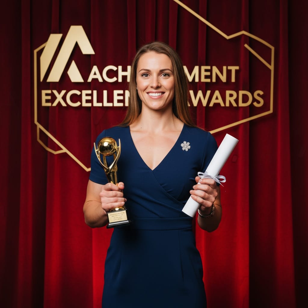 athletic white woman holding trophy portrait 98270468