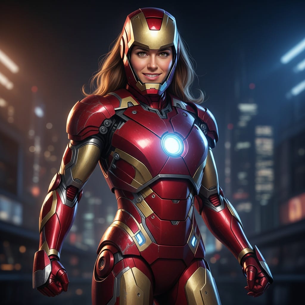 athletic white woman iron man suit heroic pose 62070970