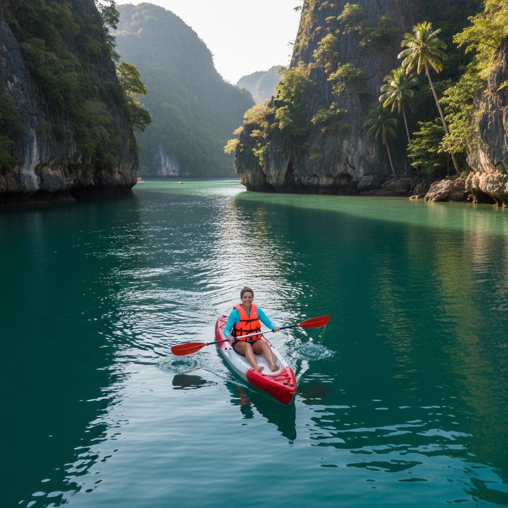 athletic white woman kayaking hidden bay 69296325
