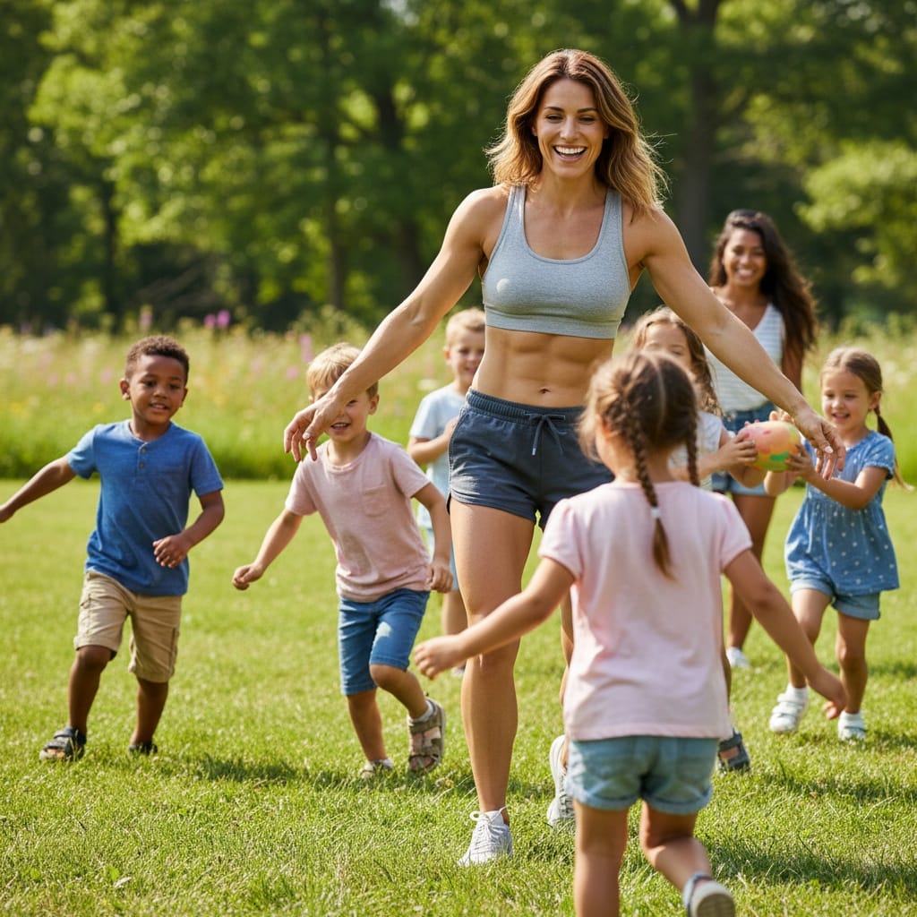 athletic white woman kids cousins playing 29593828