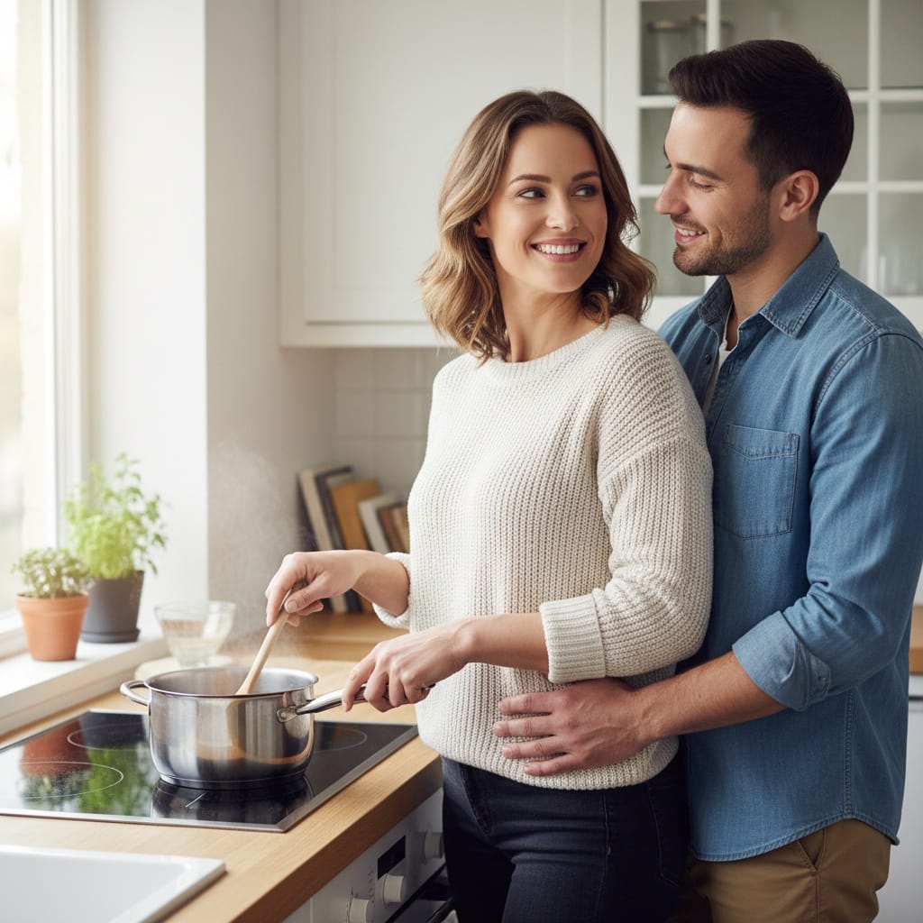 athletic white woman kitchen cooking together 34762882
