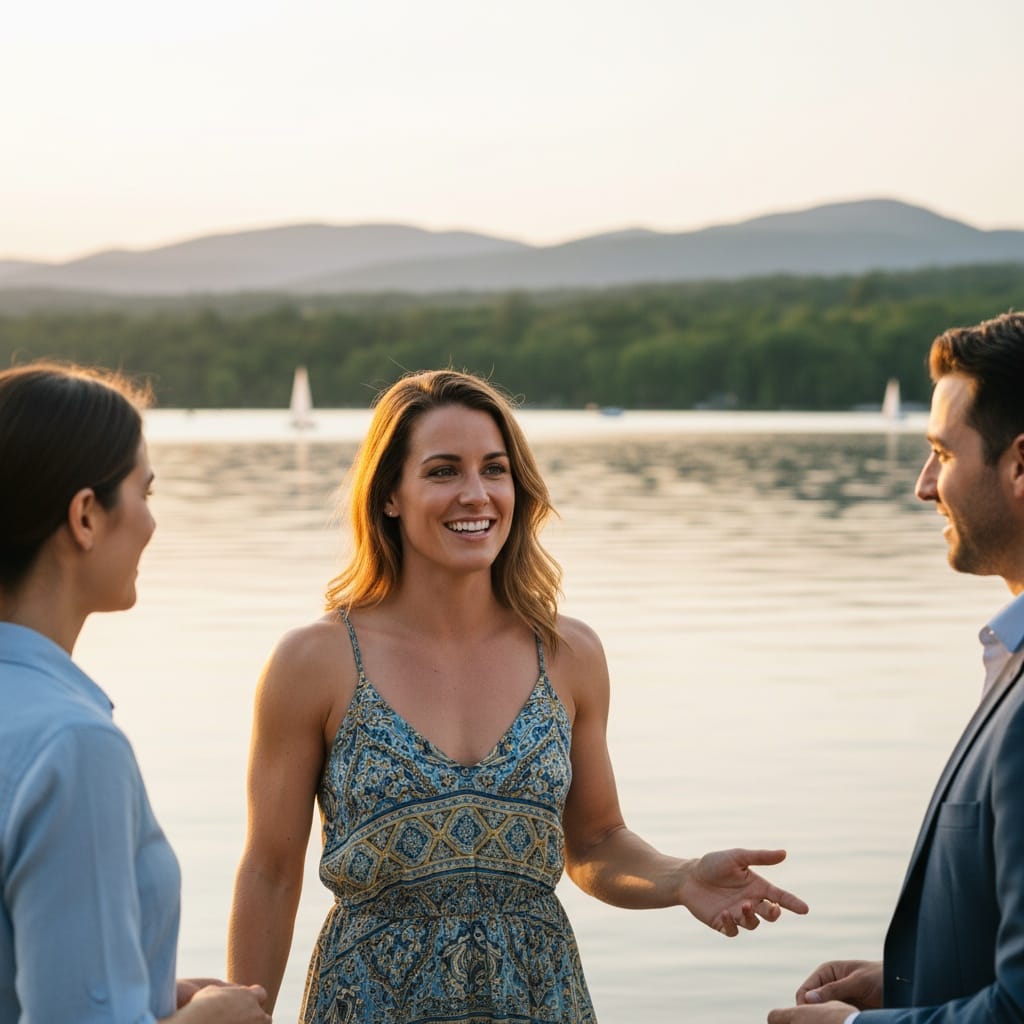 athletic white woman lakeside casual conversation 14477197