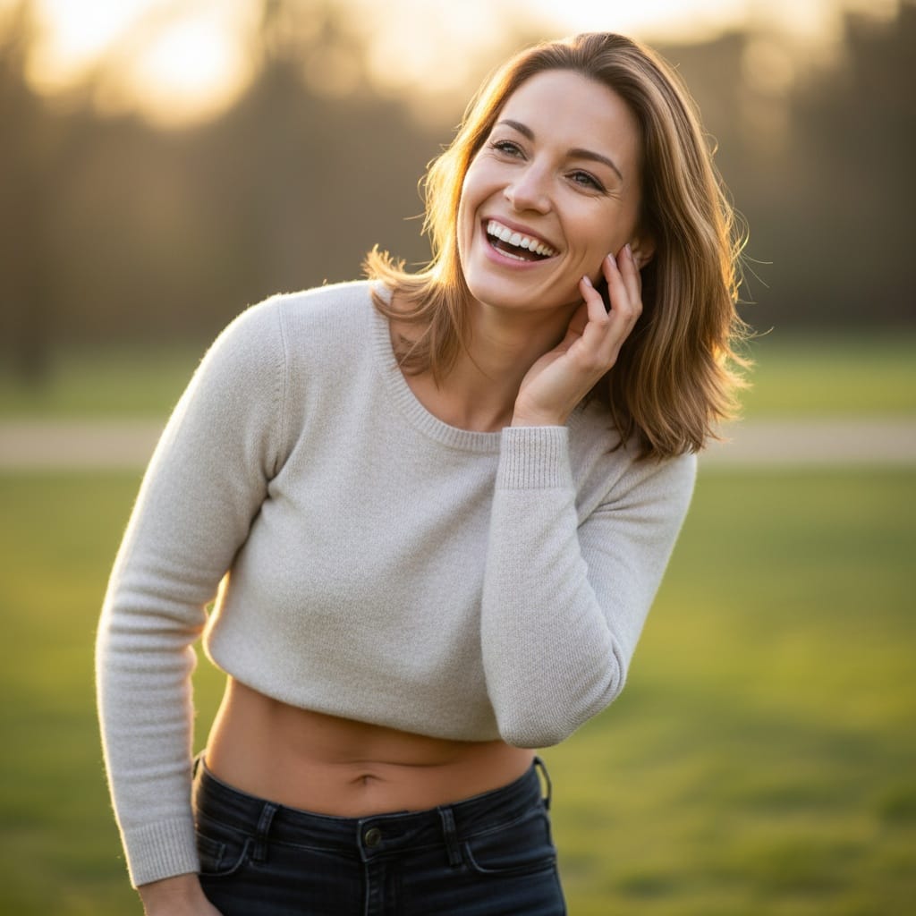 athletic white woman laughing candid moment 61234481