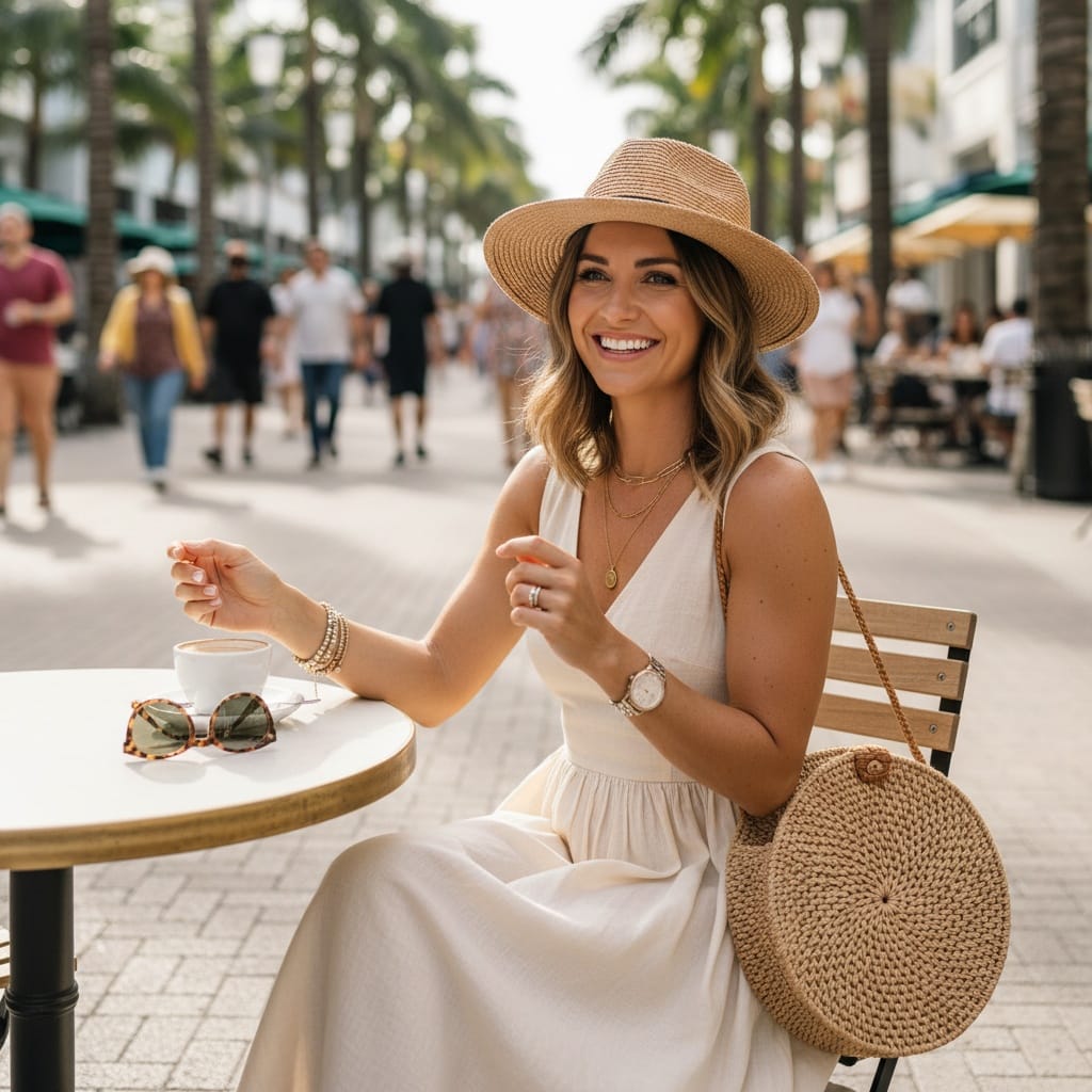 athletic white woman lincoln road outdoor cafe 27146307