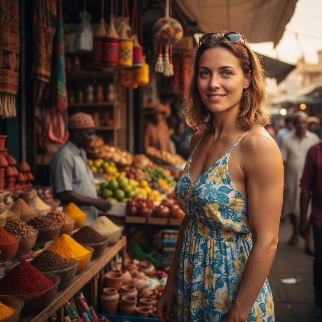 athletic white woman local market exploration 48158196