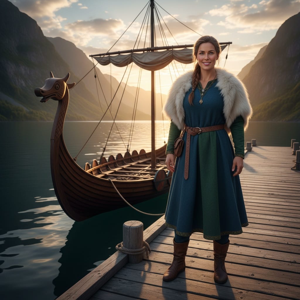 athletic white woman longship dock sunset 71139987