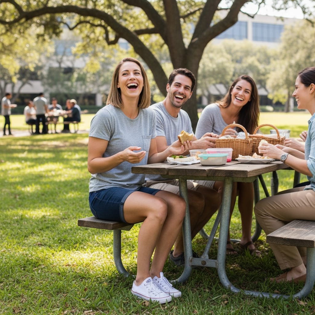 athletic white woman lunch break bonding 19377627