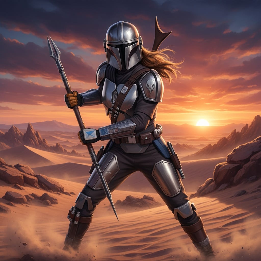athletic white woman mandalorian warrior stance 82771310