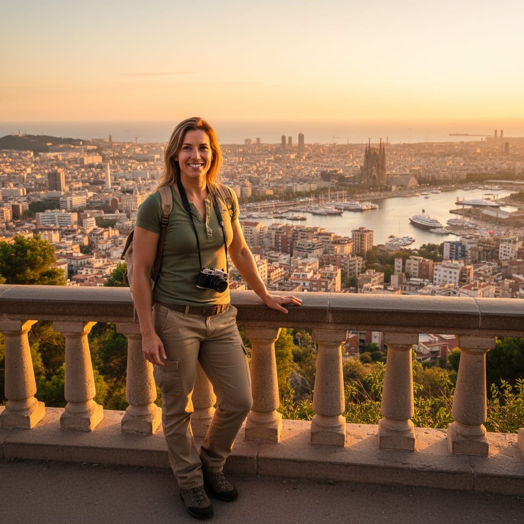 athletic white woman montjuic panoramic overlook 14783340