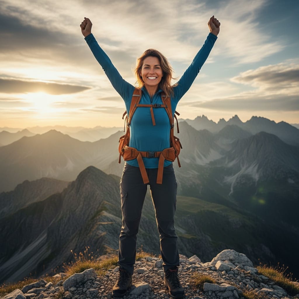 athletic white woman mountain summit adventure 30119286