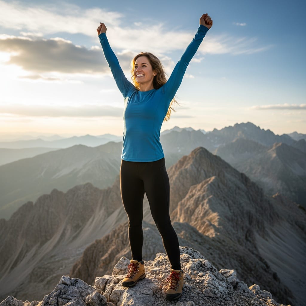 athletic white woman mountain summit victory 79128369