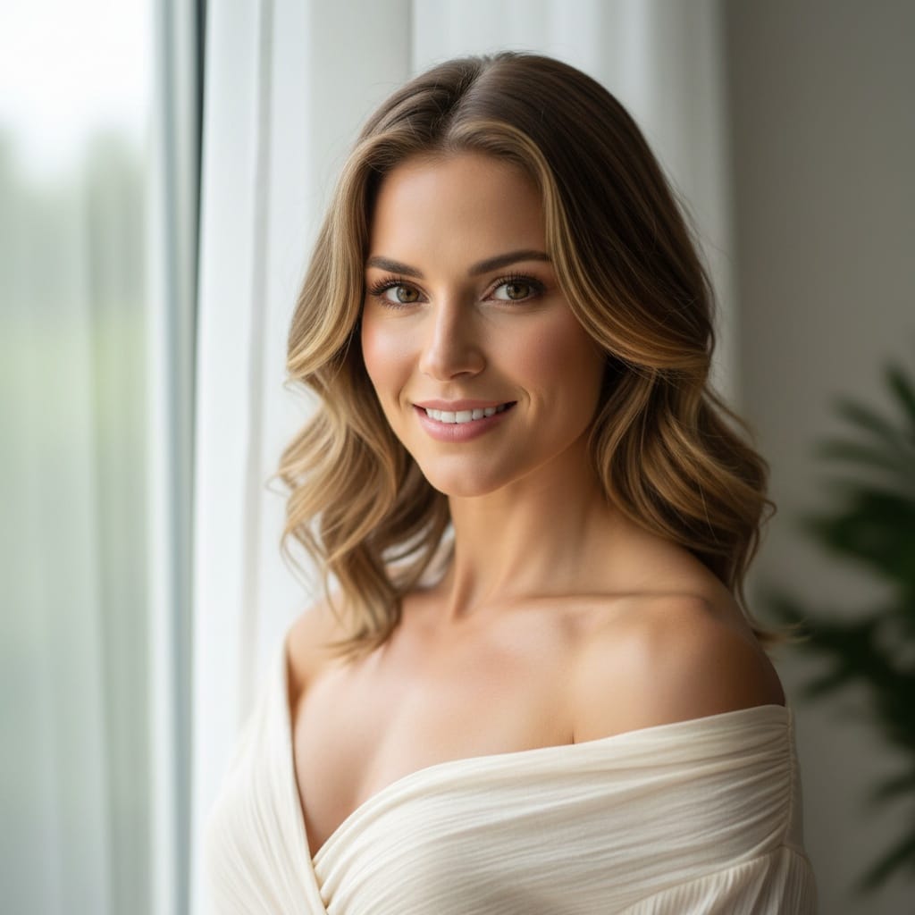athletic white woman natural light window portrait 91559806